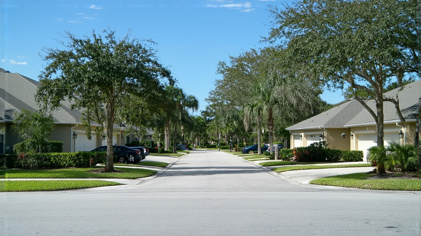 Quiet residential street in Land O Lakes, Florida with modest single-family homes and tidy landscaping.