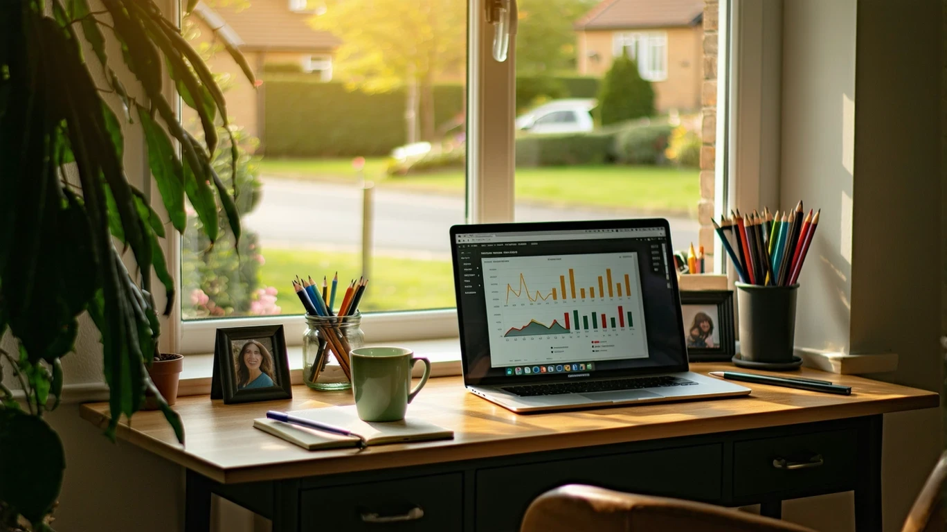 Home office workspace with budgeting app open on laptop, coffee mug, in suburban home.