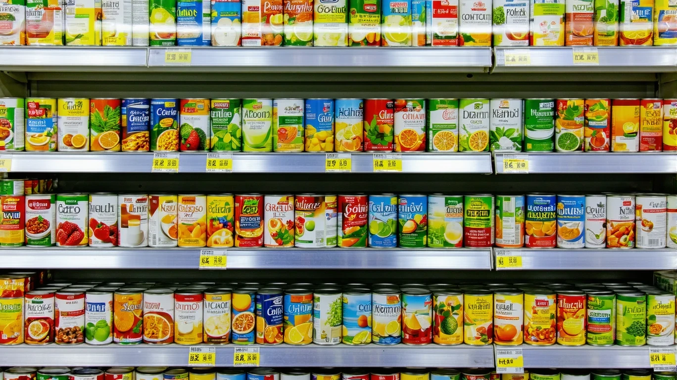 Shelves of store-brand canned goods in a small, brightly-lit neighborhood grocery store.