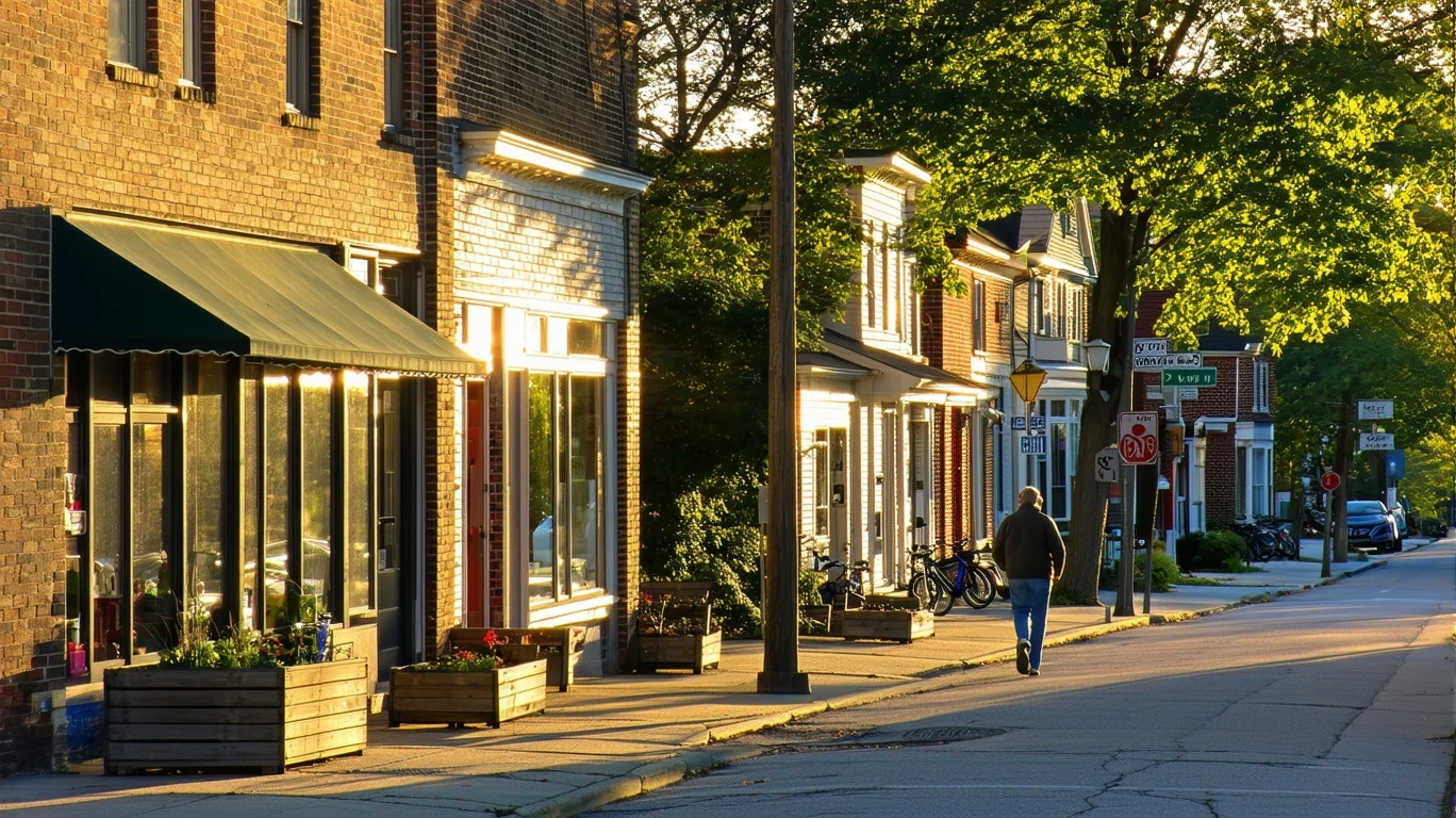 A quiet street in Lawrence, Indiana lined with small local shops beside a residential area at dusk, with one person walking.