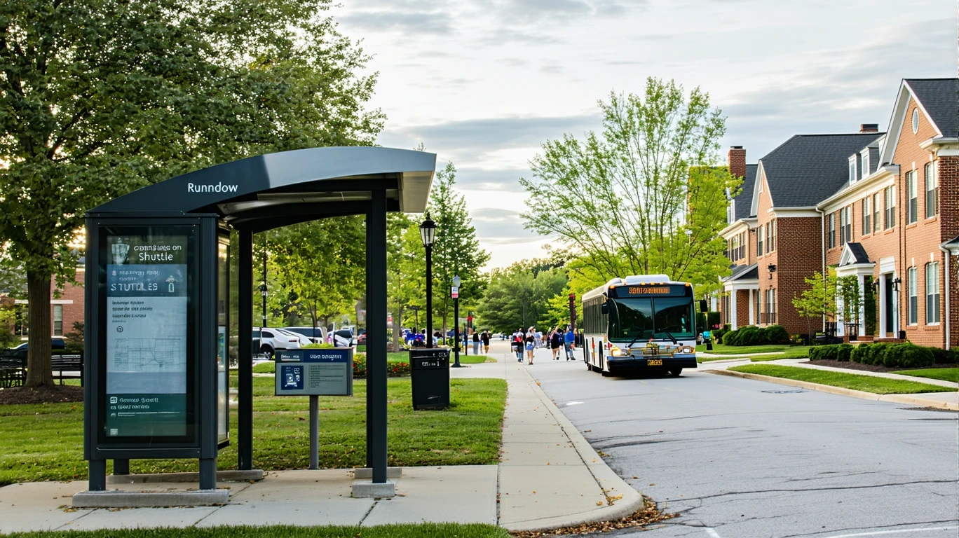 A campus shuttle stop with faded signage and a single shuttle, surrounded by academic buildings and tidy landscaping on an overcast day.