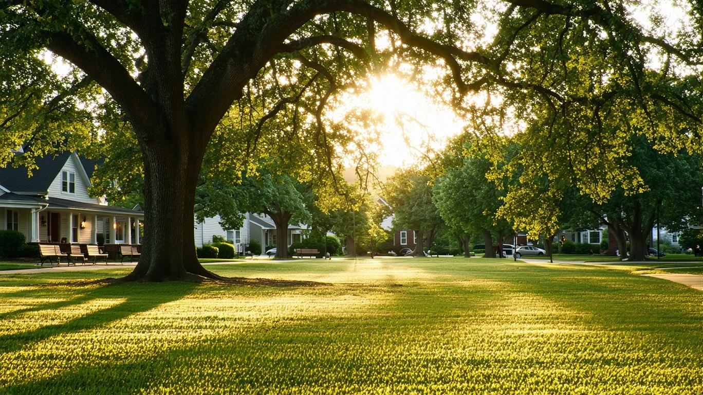 A quiet park lawn with empty benches beneath old oak trees in Lawrence, IN at golden hour.