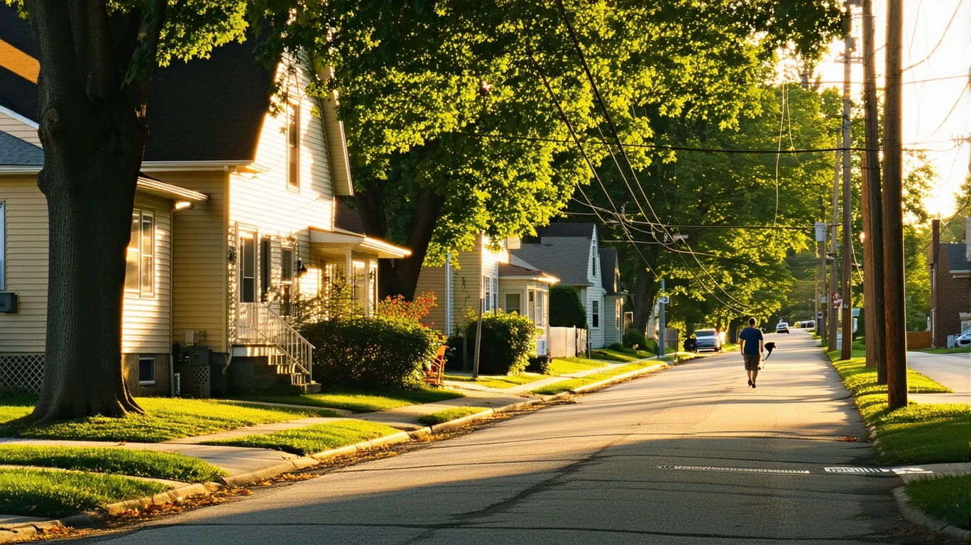 Sunlight filters through maple trees on a residential street in Lawrence, Indiana, with telephone wires overhead and a person walking a dog in the distance.