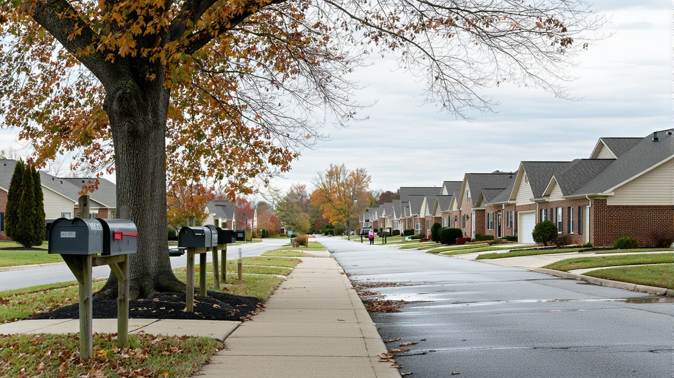 A view of a residential street in Lawrenceburg, Kentucky on an overcast day, with a curving sidewalk, mailboxes, and homes visible.