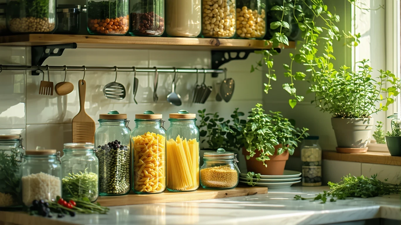 A pantry shelf with jars of beans, pasta and rice, lit by a kitchen window.