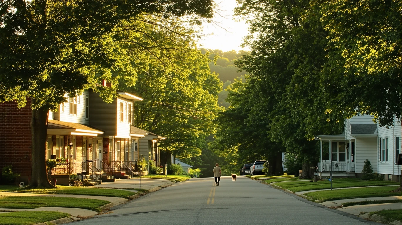 Sunlit residential street in Lawrenceburg, Kentucky with one-story homes and trees.