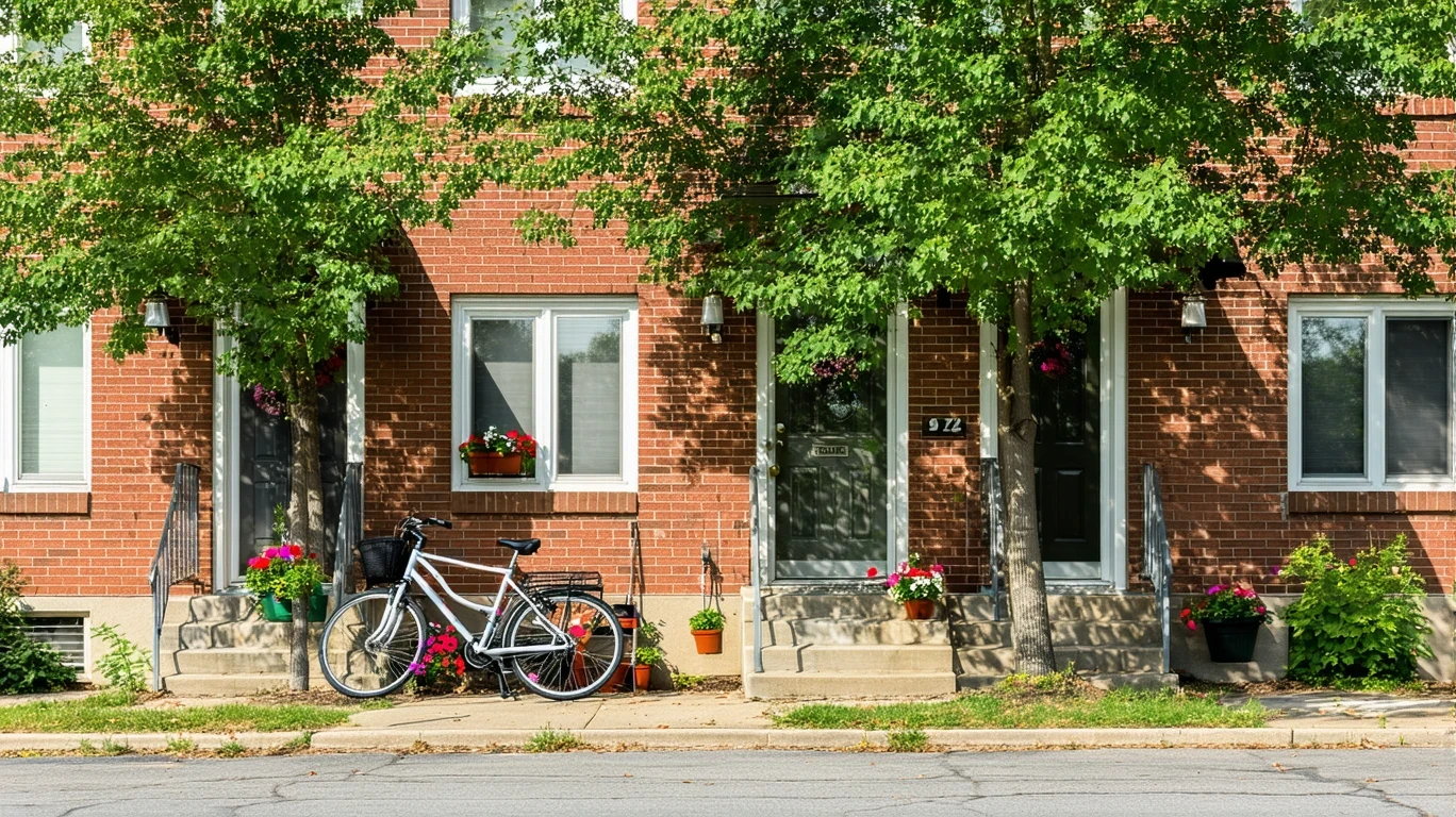 A small red brick apartment building with potted plants by the doors and two bicycles leaning on the railing.
