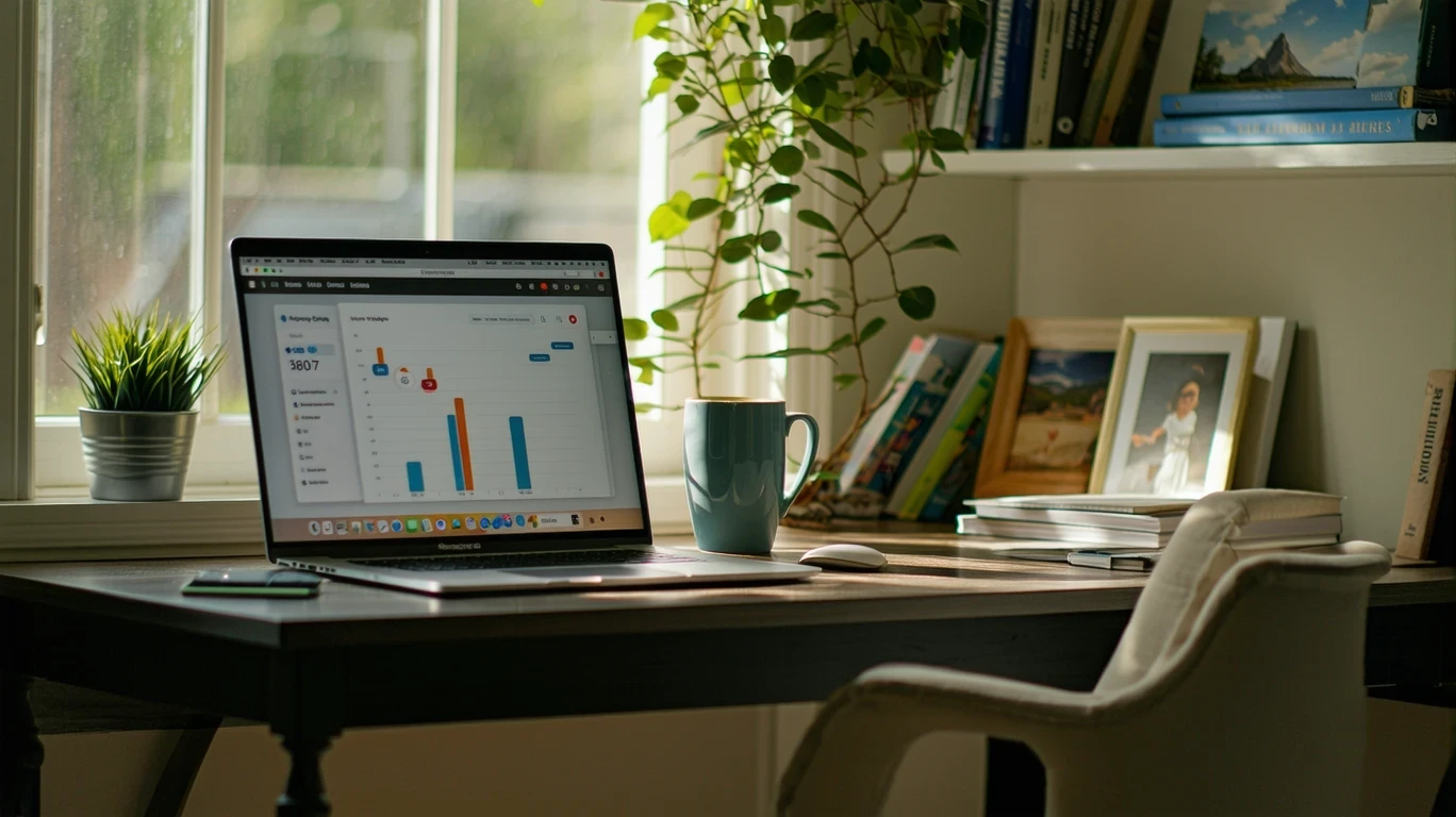 A laptop open to a budgeting app on a tidy desk in a suburban home office.