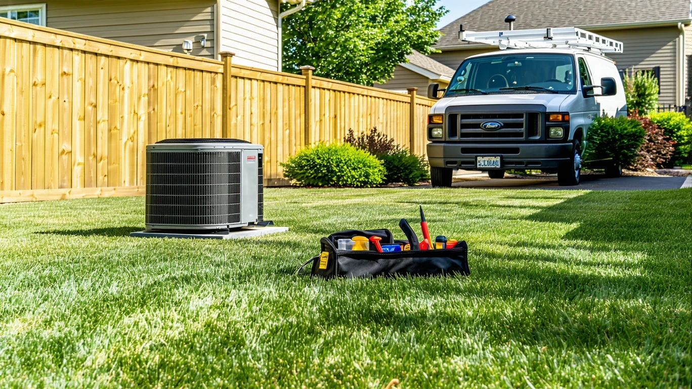 HVAC technician performing maintenance on outdoor central air unit in a tidy suburban yard.