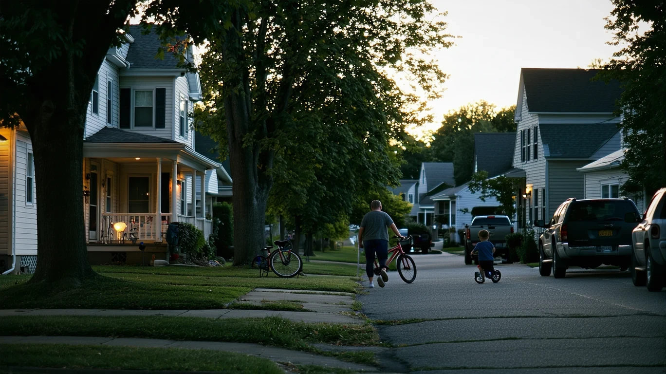 A quiet cul-de-sac in Lawrenceburg, Kentucky at dusk, with porch lights illuminating homes and a child's bicycle lying near the curb.