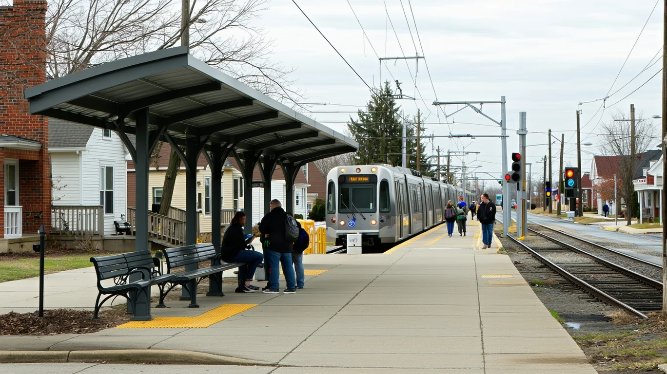 A light rail station platform in Lawrenceburg, KY with a few commuters waiting on an overcast day.