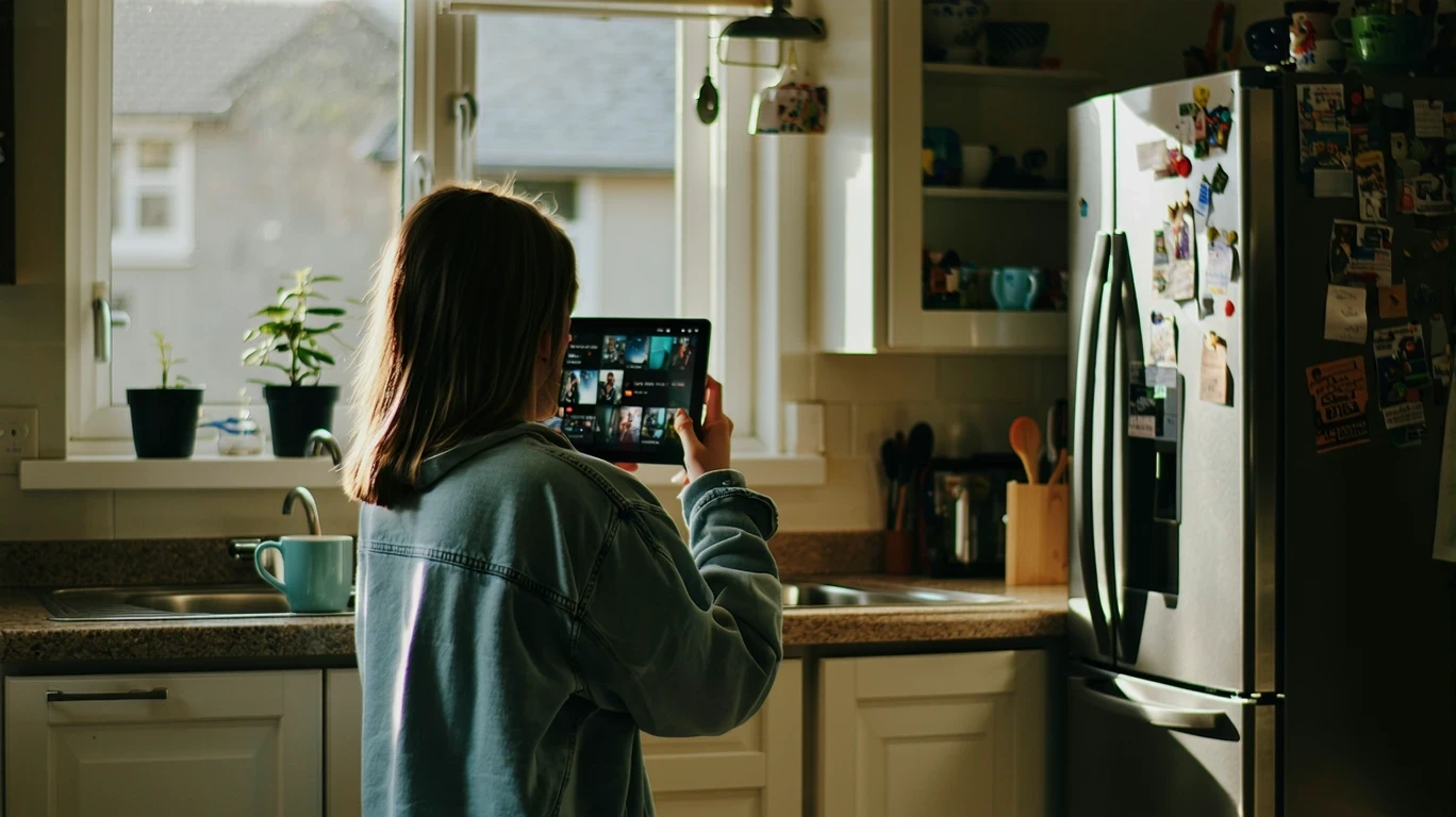 Person looking at streaming service prices on tablet in kitchen