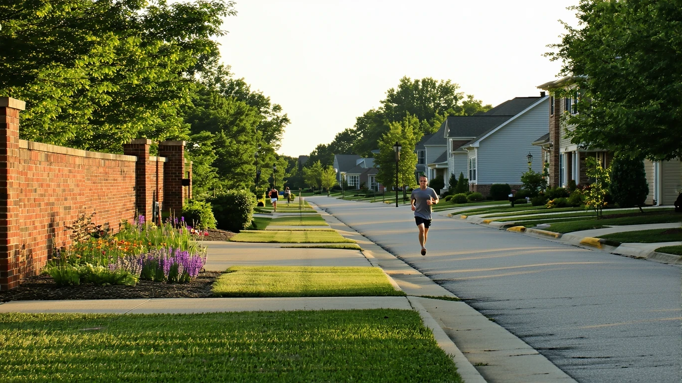 A tidy suburban cul-de-sac in Lawrenceburg, Kentucky with brick homes, native landscaping, and a jogger on a sunny morning.