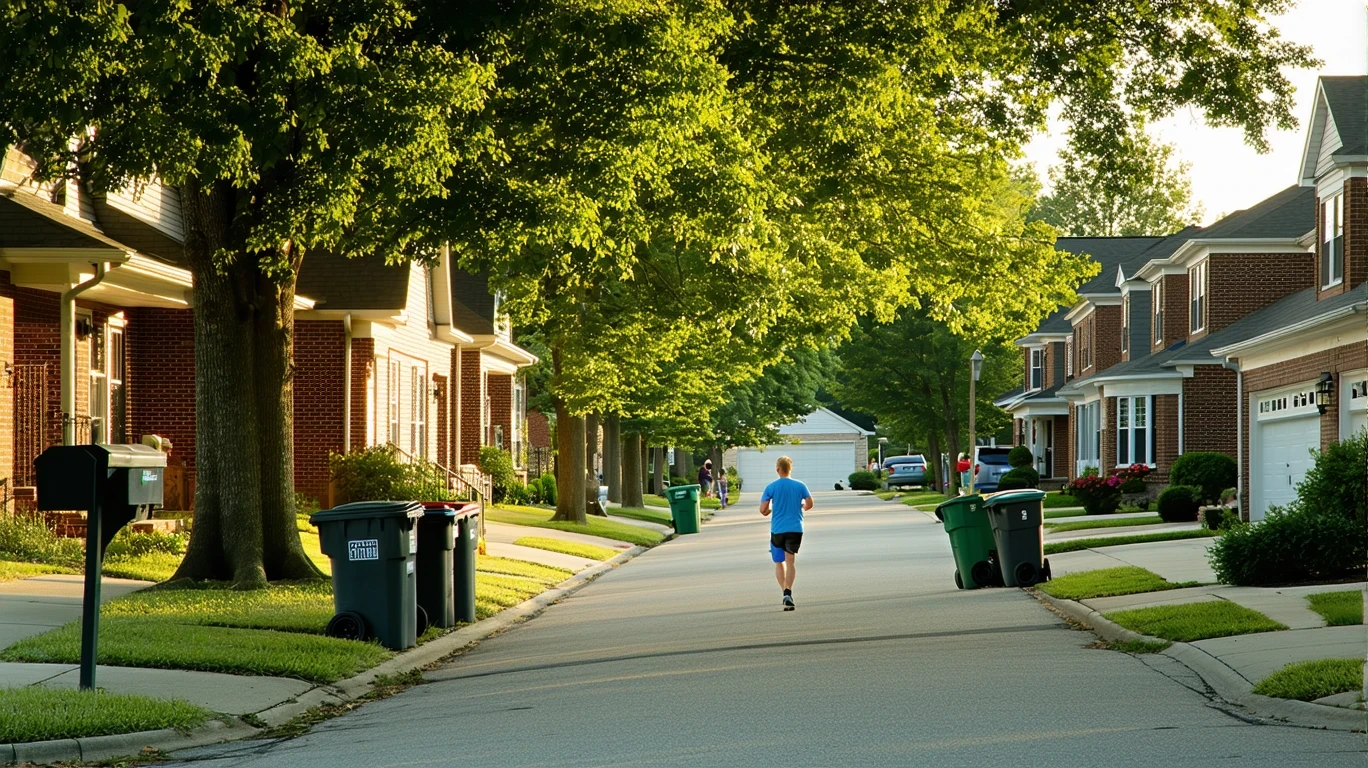 A peaceful suburban street in Lawrenceburg, Kentucky lined with red-brick homes and recycling bins out for pickup. A jogger waves to an elderly neighbor on her porch.