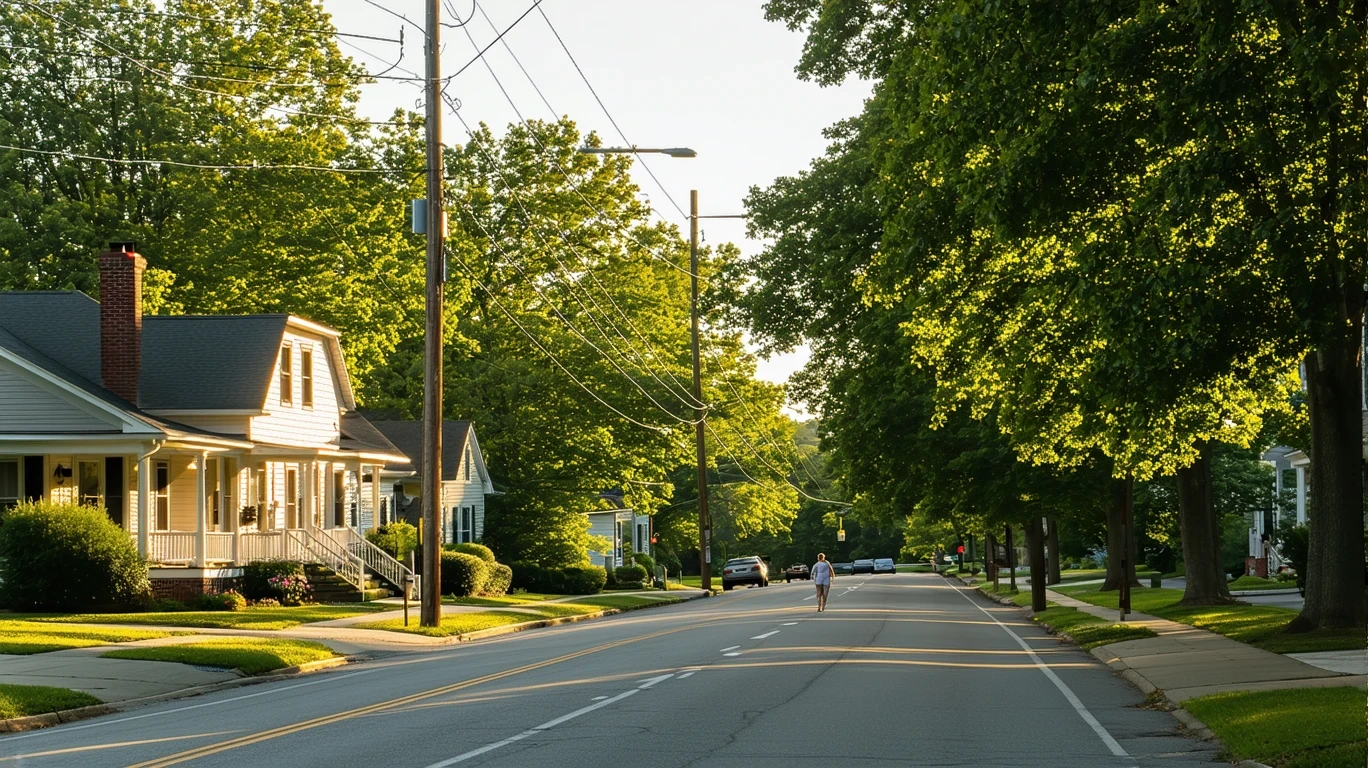 A sunlit residential street in Lawrenceburg, Kentucky with maple trees and telephone wires overhead.