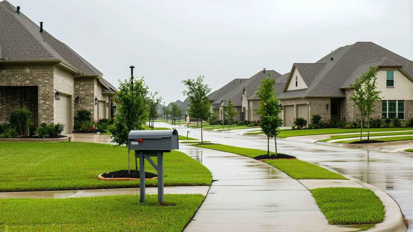 A curved sidewalk with mailboxes on a cloudy day in a Leander, Texas suburb with single-story homes and wet pavement.