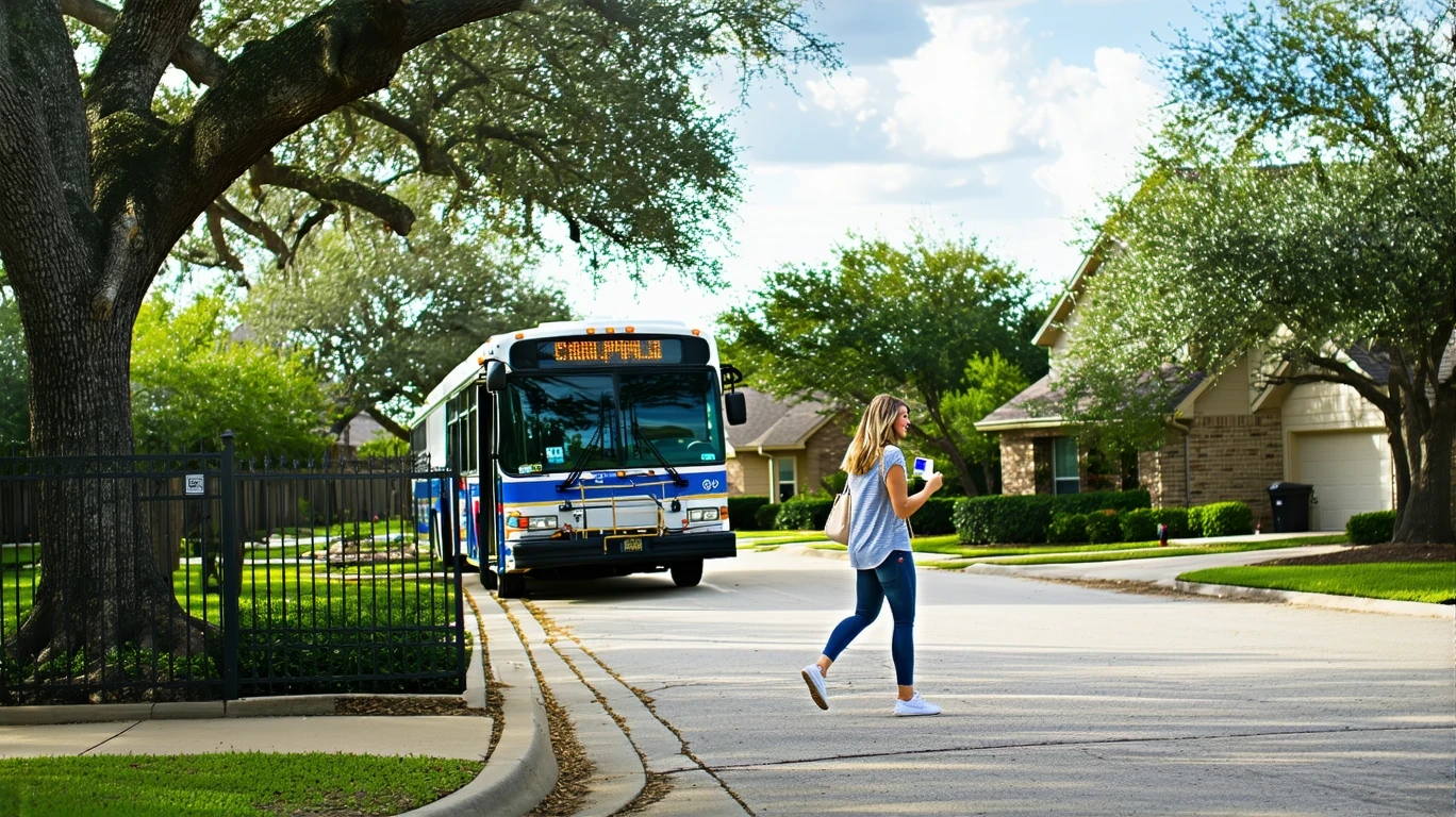 Woman boarding a regional shuttle bus in Leander, Texas on a sunny suburban street.