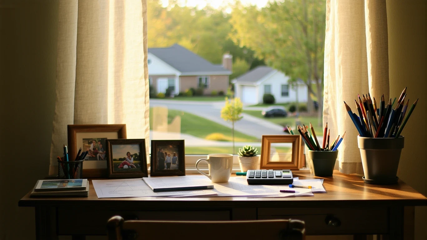 A small desk by a curtained window with bills, a calculator, and a coffee mug, overlooking a suburban Leander neighborhood.