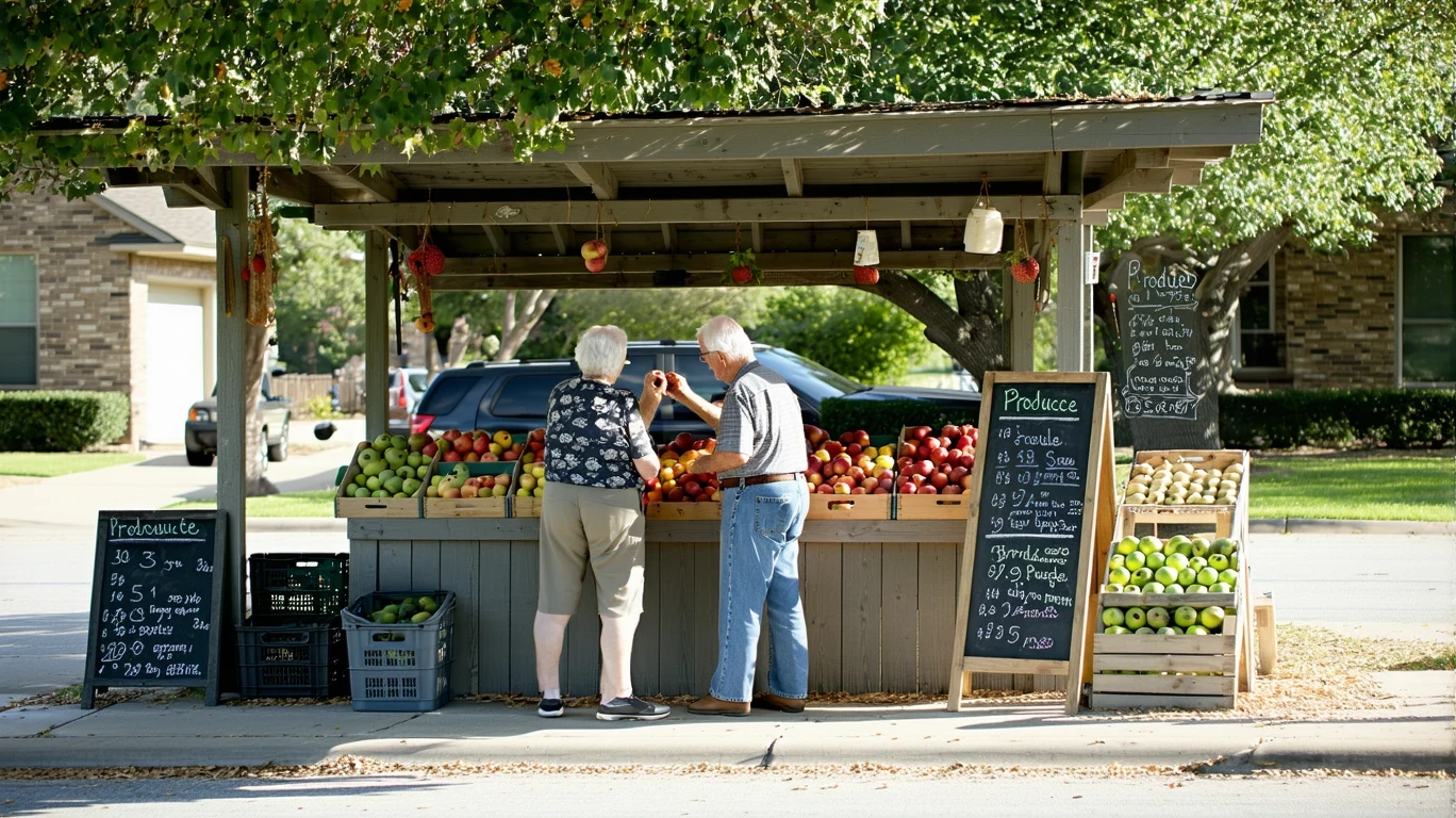 An older couple comparing apples at a shaded produce stand in Leander, Texas.
