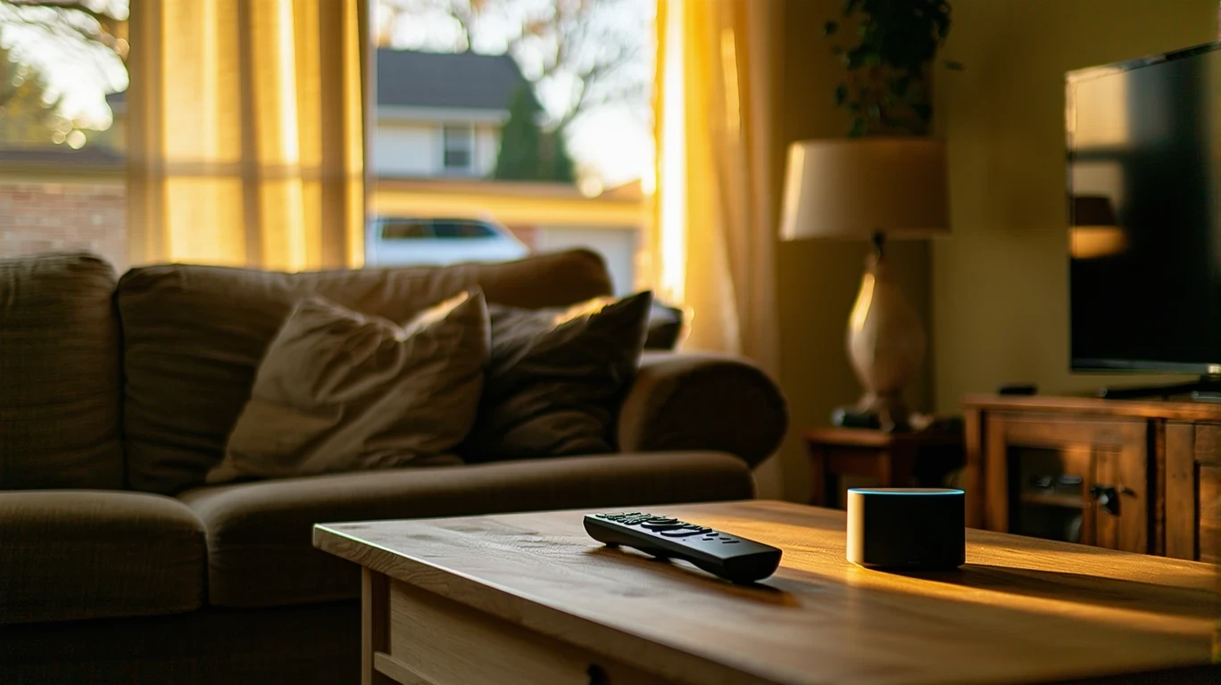 A living room side table with streaming remotes and a smart speaker, illuminated by a lamp.