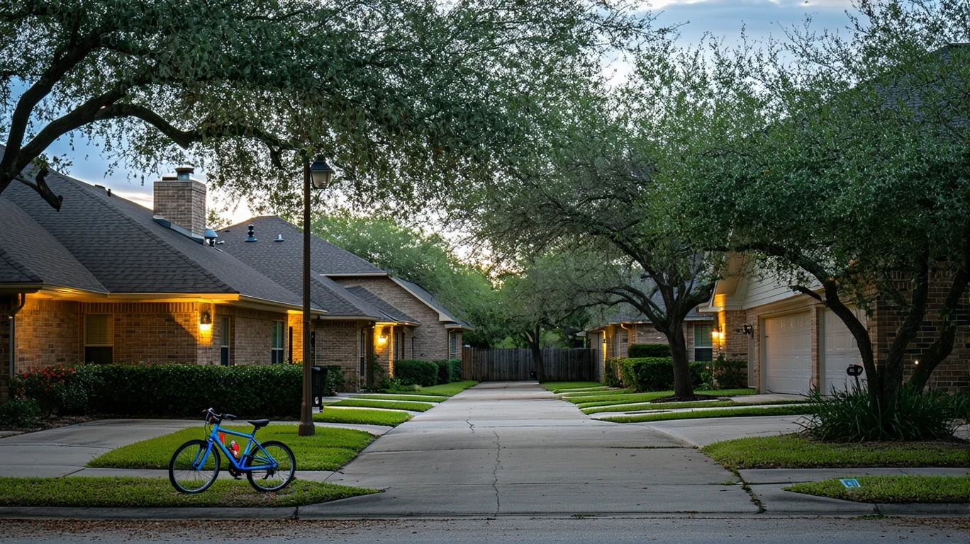 A small cul-de-sac in Leander, TX at dusk with porch lights on and a child's bicycle near the curb.