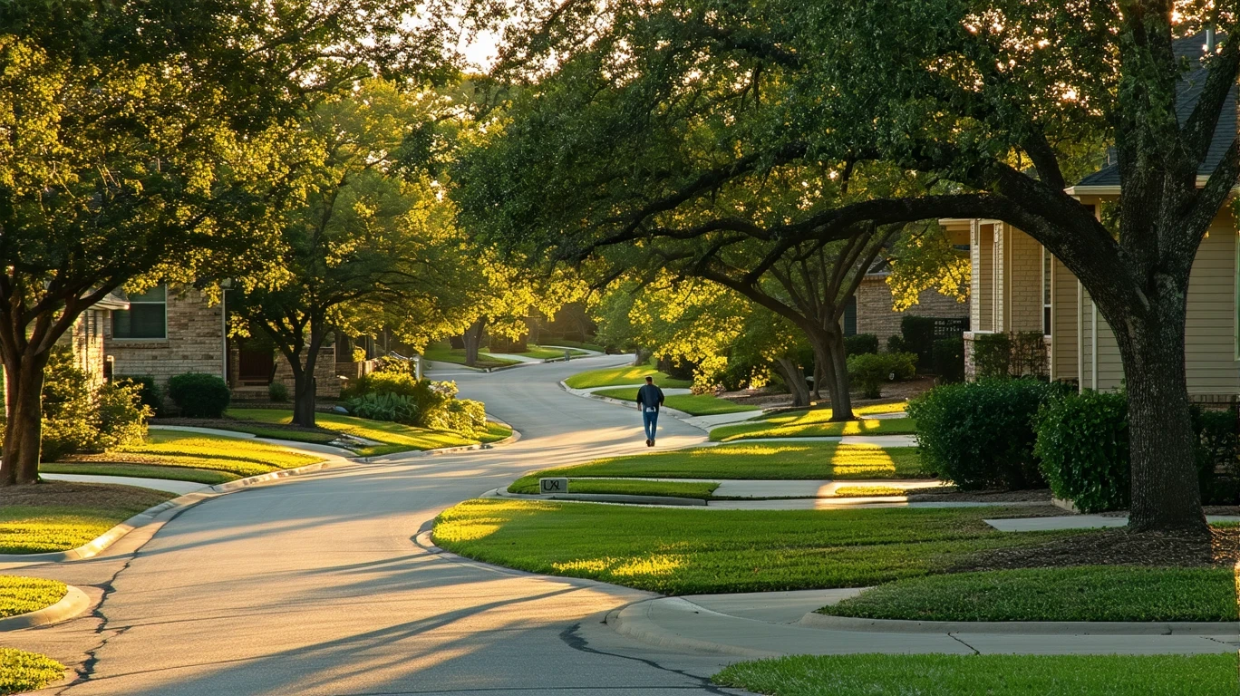 Tree-lined sidewalk curving through a suburban neighborhood with houses visible.