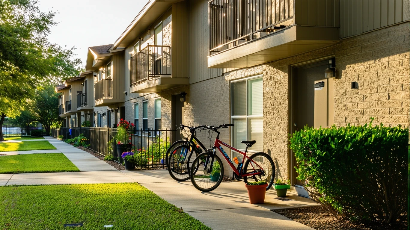 Apartment row with potted plants and bikes in Leander, Texas