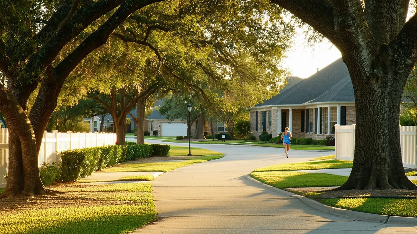A tree-lined sidewalk curving past tidy homes in Leander, Texas on a sunny day.