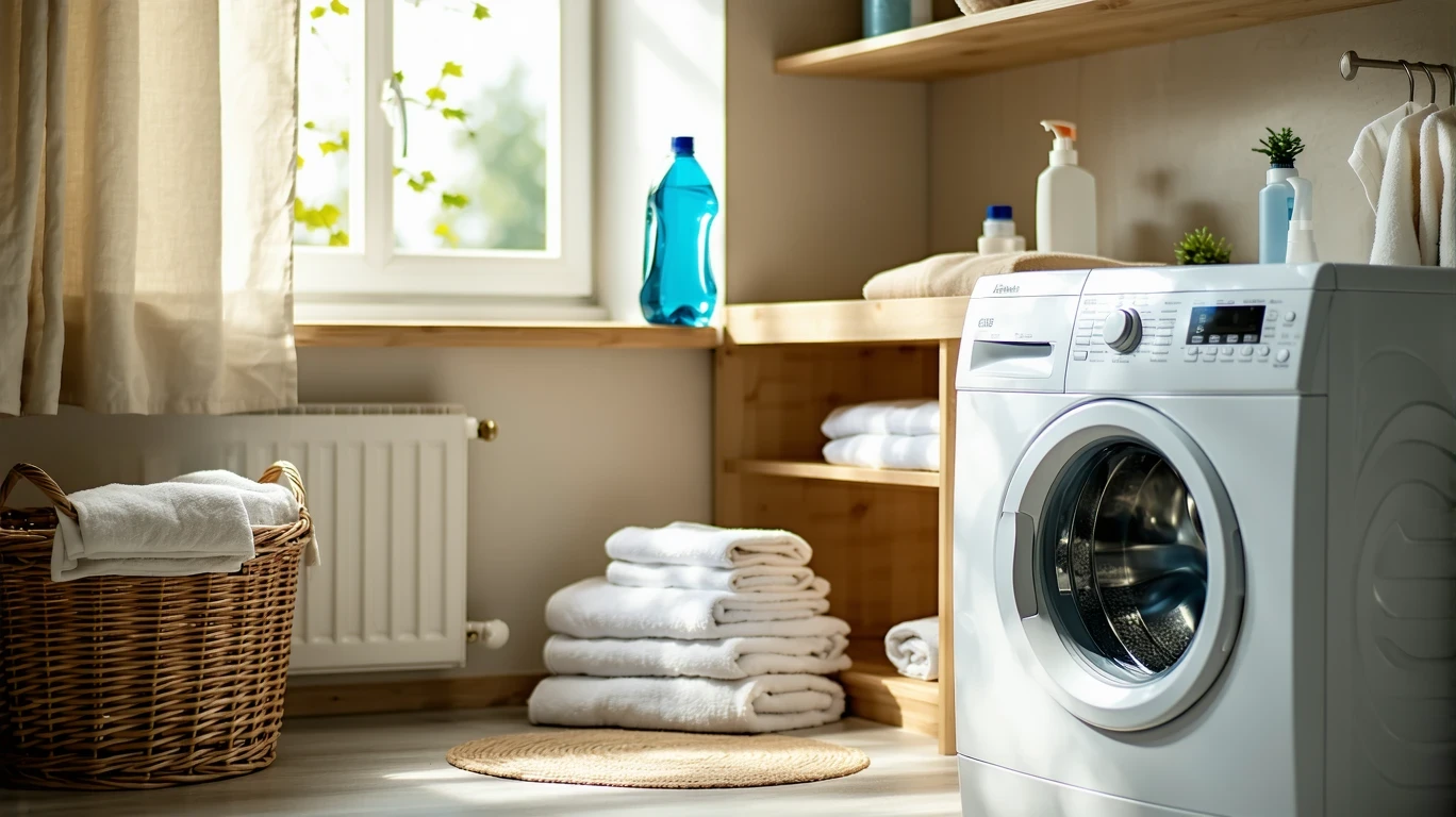 A top-loading washing machine mid-cycle in a tidy laundry room with a detergent bottle on a shelf.