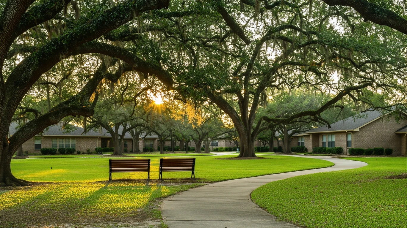 A tranquil park scene in Leander, Texas with oak trees shading empty benches on a sunny afternoon.