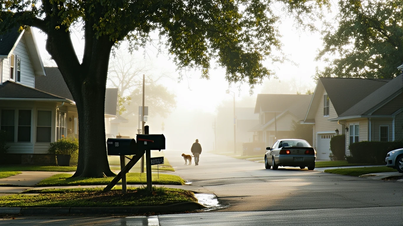 Foggy morning street in suburban neighborhood with homes, parked car, and person walking dog on sidewalk.