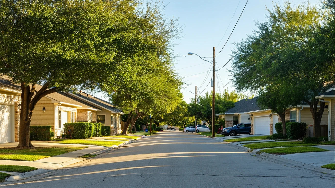 A tree-lined residential street in Leon Valley, Texas on a sunny day, with single-family homes visible in the background.