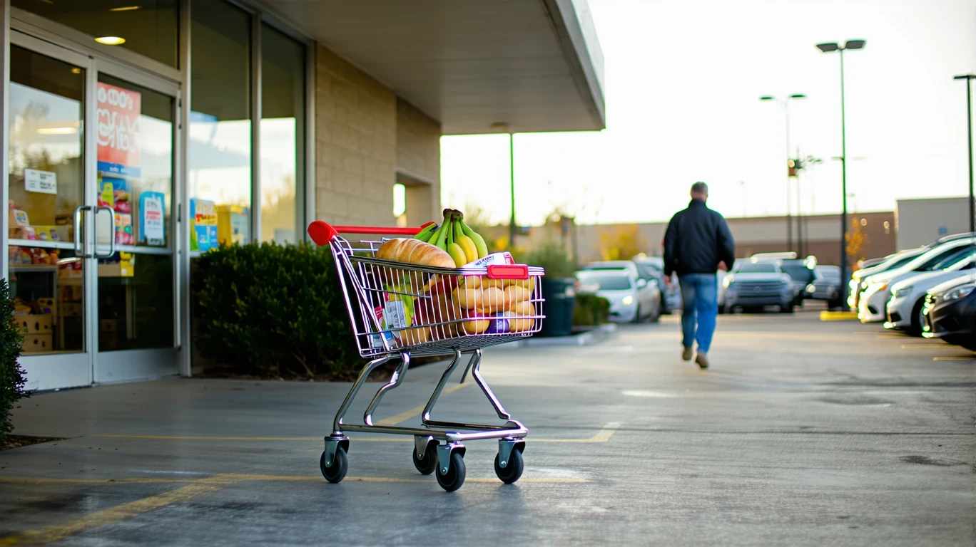 A grocery cart half-filled with bread, eggs, bananas and other staples, stopped at the entrance of a local market on a sunny day.