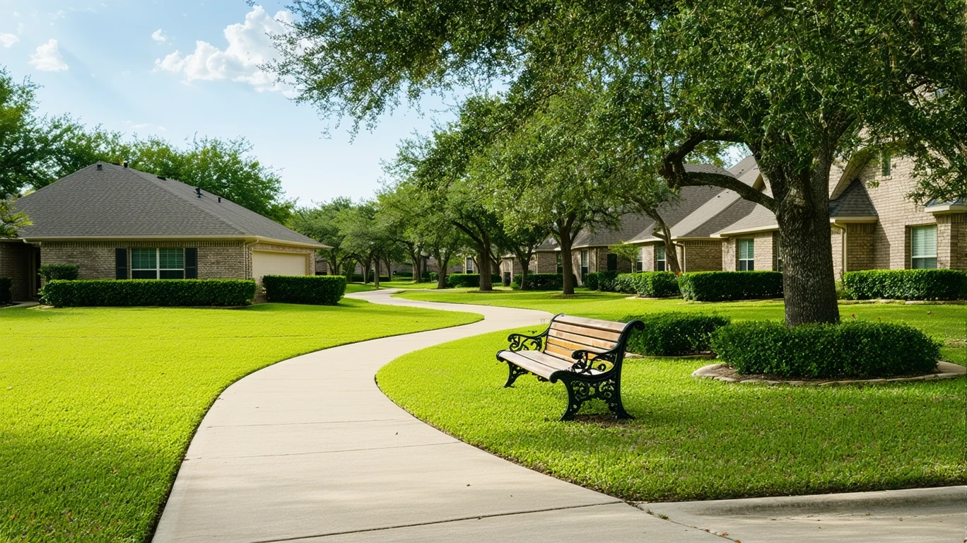 A sunny neighborhood park in Leon Valley, Texas with a path, bench, and nearby homes.