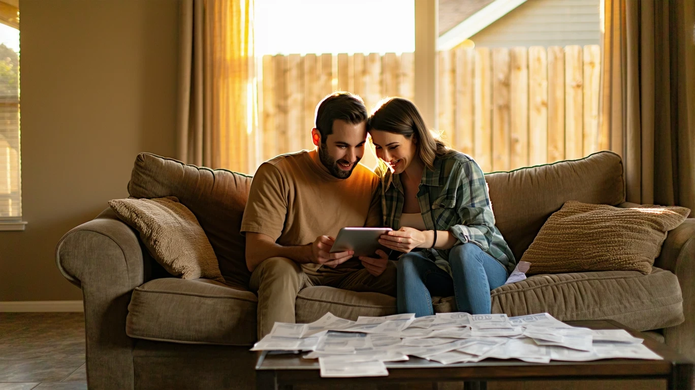 A couple reviewing bills and a budget on a tablet in their living room.
