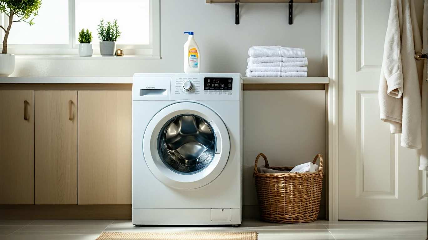 Top-loading washing machine in cycle with detergent bottle on laundry room shelf.