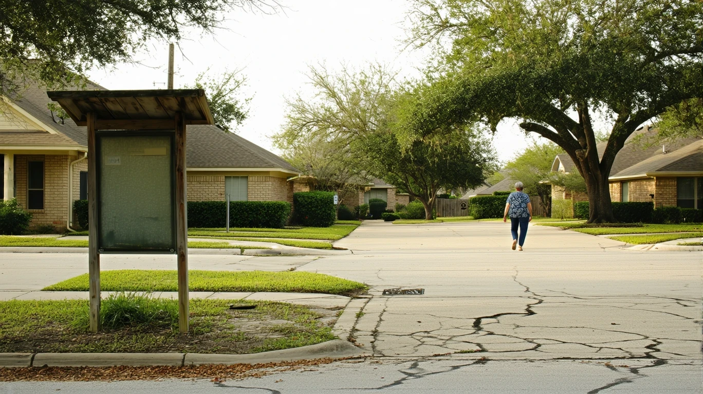 A bus stop sign on a quiet residential corner in Leon Valley, Texas with houses and a pedestrian visible.