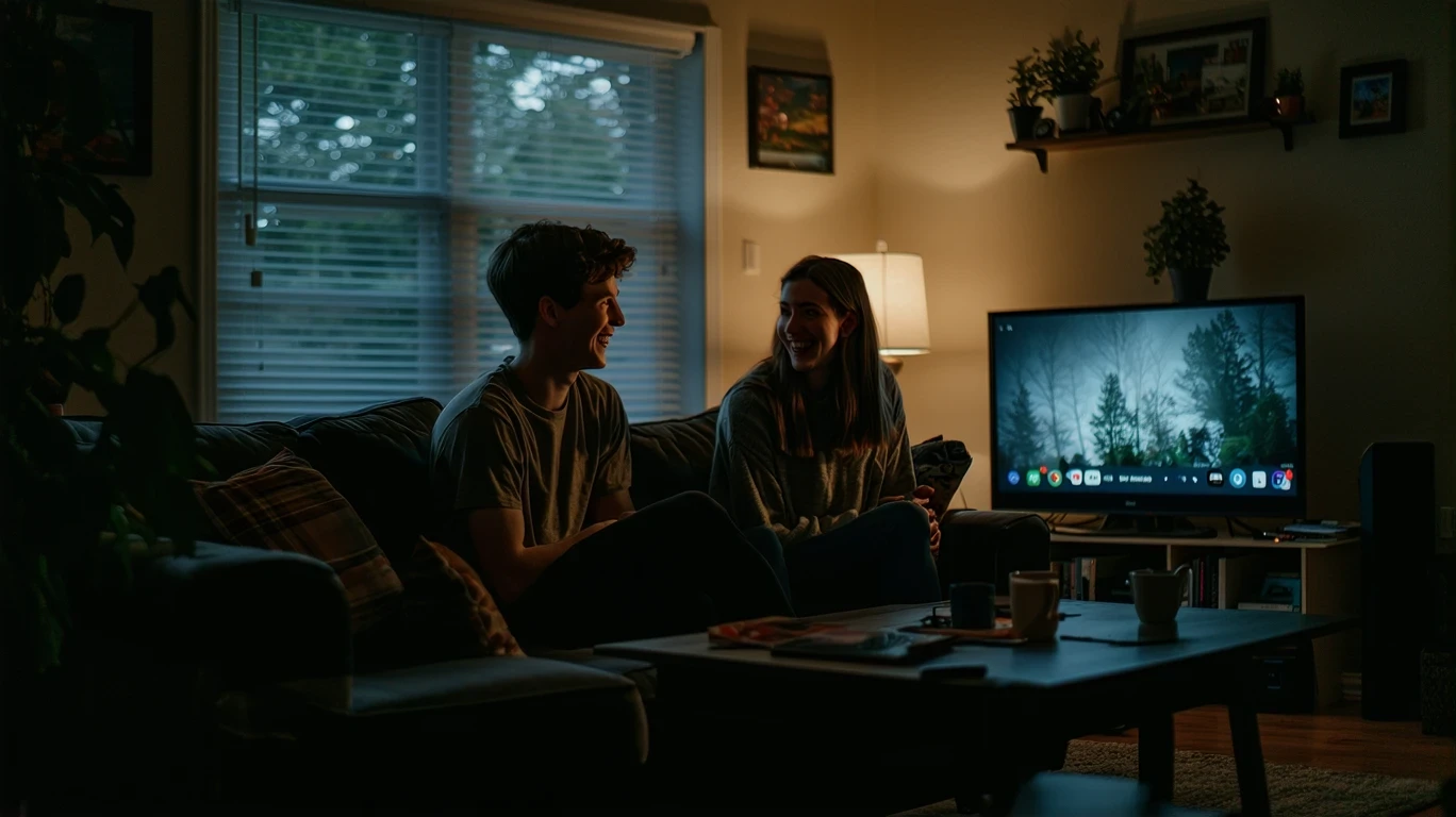 Two roommates sharing a laugh in a dimly lit living room, a TV screen glowing in the background.