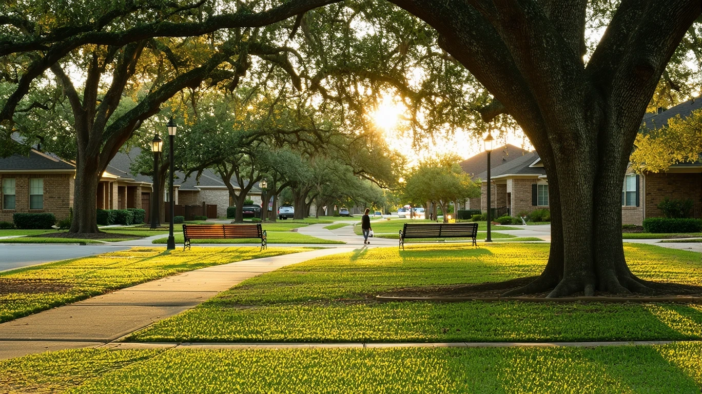 A quiet suburban park in Leon Valley, TX with empty benches and old oak trees at sunset.
