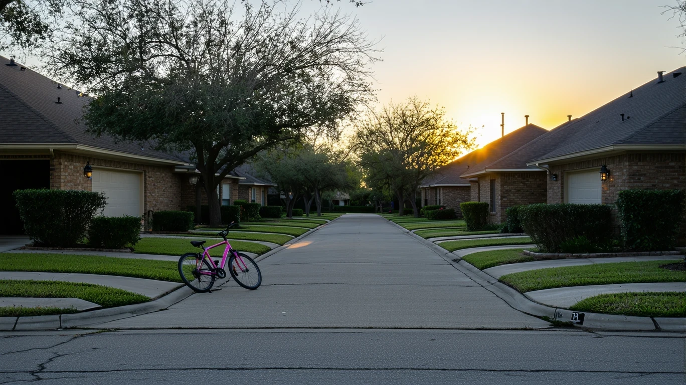 A quiet suburban cul-de-sac at dusk with porch lights and a child's bicycle.