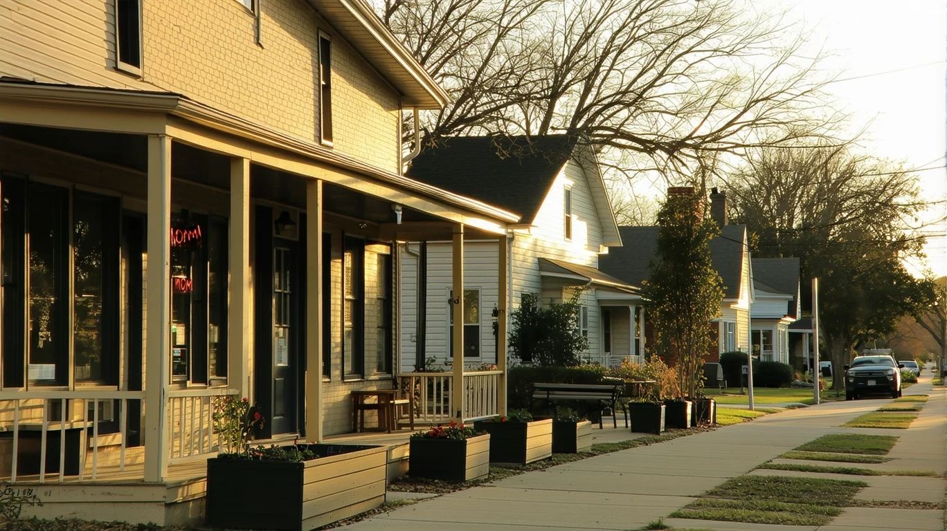 A quiet street in Lewisville, Texas at dusk, with local shops and neighborhood homes.