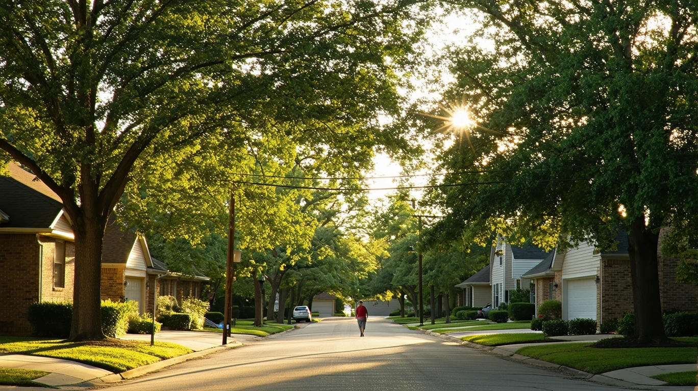 Sunlight shining through maple trees over a quiet suburban street in Lewisville, Texas, with telephone wires and houses visible.