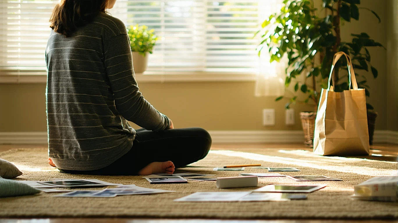 Person sitting on rug looking at receipts and budget items in sunlit living room.