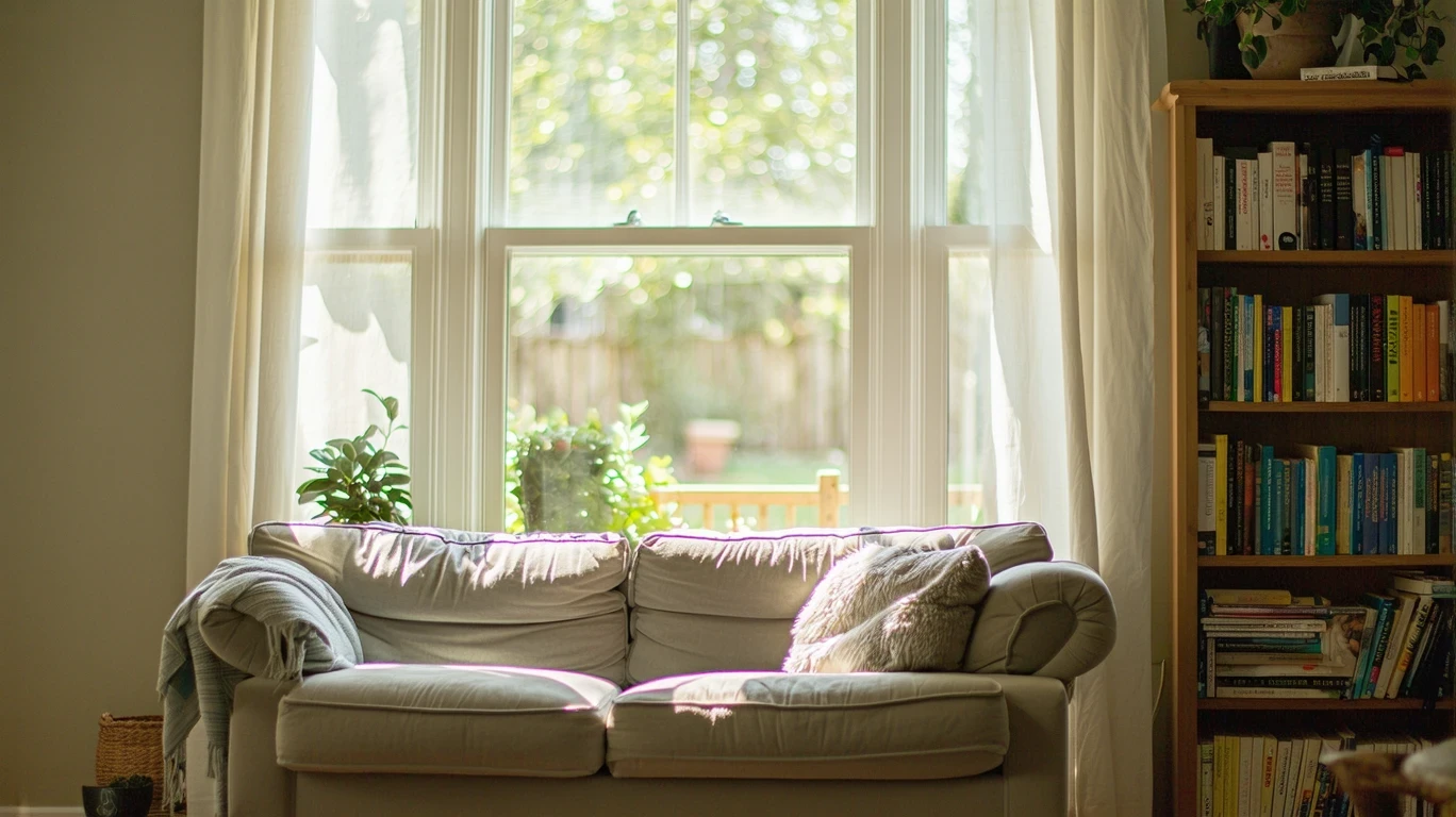 A sunlit living room with a couch and bookshelf in a Lewisville, TX home.