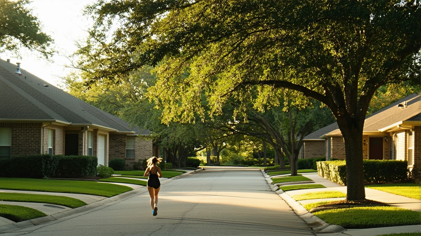A jogger on a sidewalk in a Lewisville neighborhood with one-story homes and large trees casting long shadows in the early morning light.