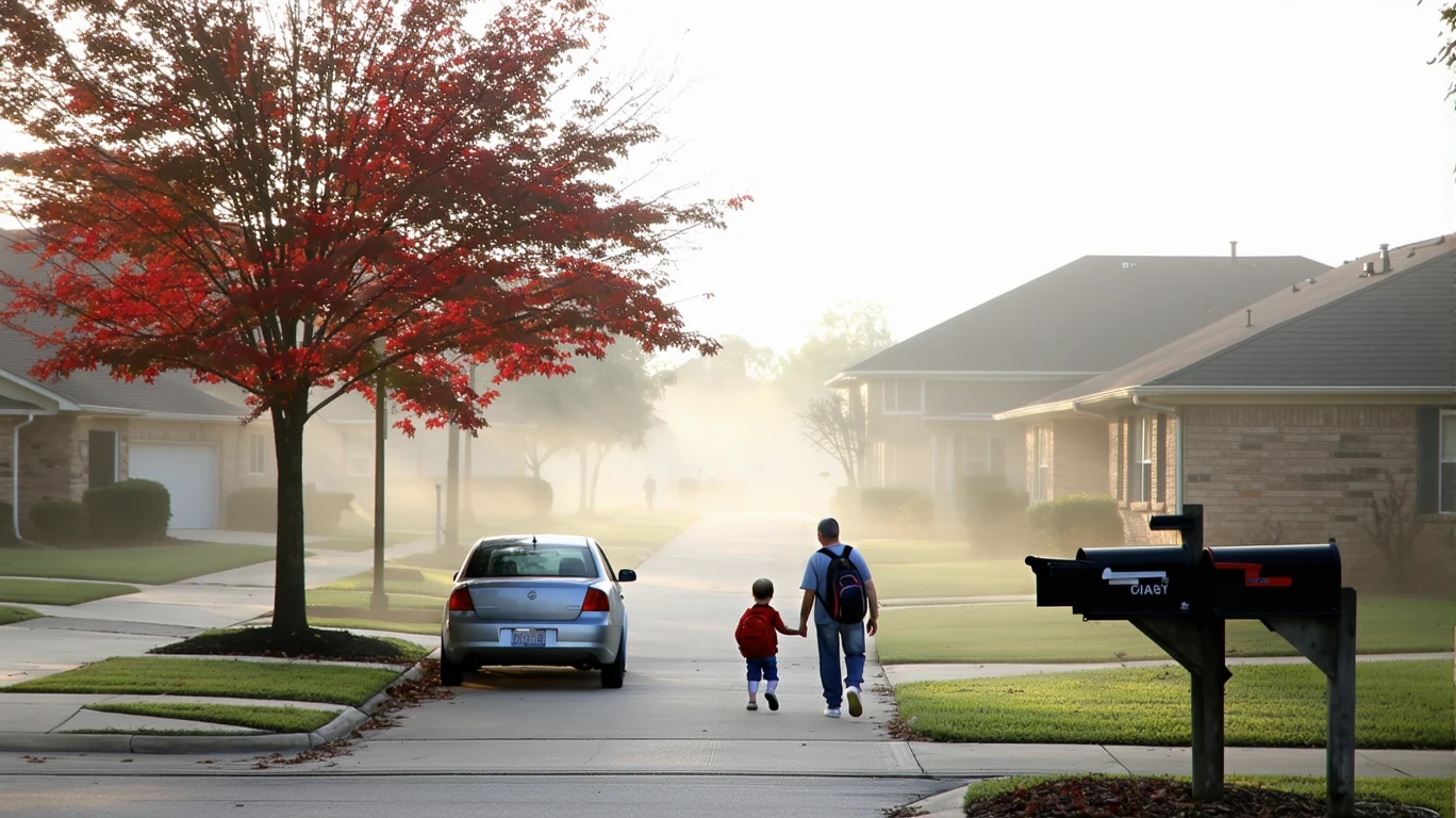 A foggy morning street scene in Grand Prairie with a car parked under a red maple tree and a father and son walking to school.