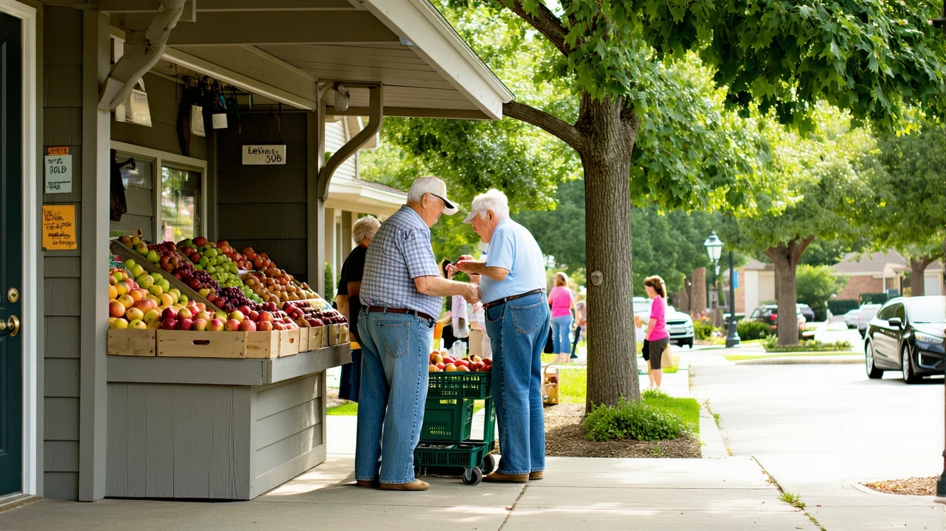 An older couple comparing apples at a shaded produce stand in Lewisville, Texas.