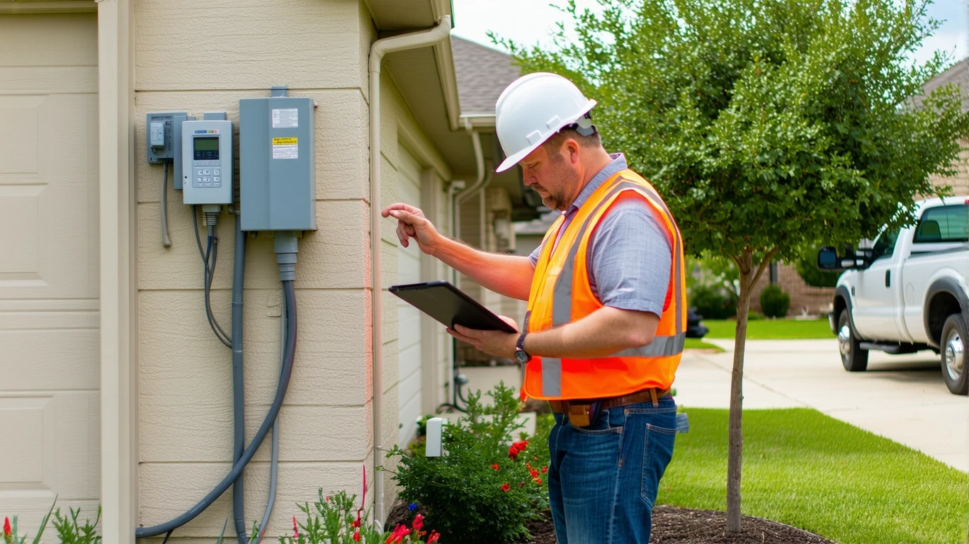 Utility worker inspecting residential electric meter on the side of a suburban home.