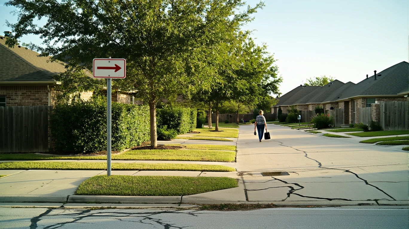 A bus stop sign on a sidewalk corner in a modest Lewisville neighborhood with homes and trees visible.