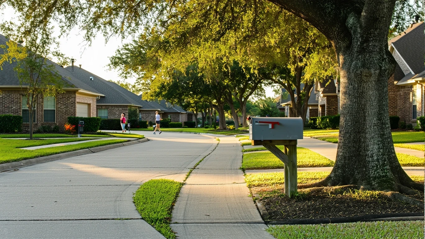 A sunlit suburban sidewalk in Lewisville, TX with gray mailboxes and an oak tree.